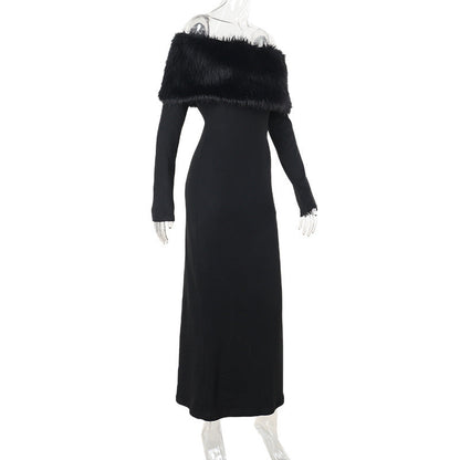 Onyx Fur Midi Dress - Black
