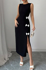 Bow Tie Slit Hem Bodycon Midi Dress