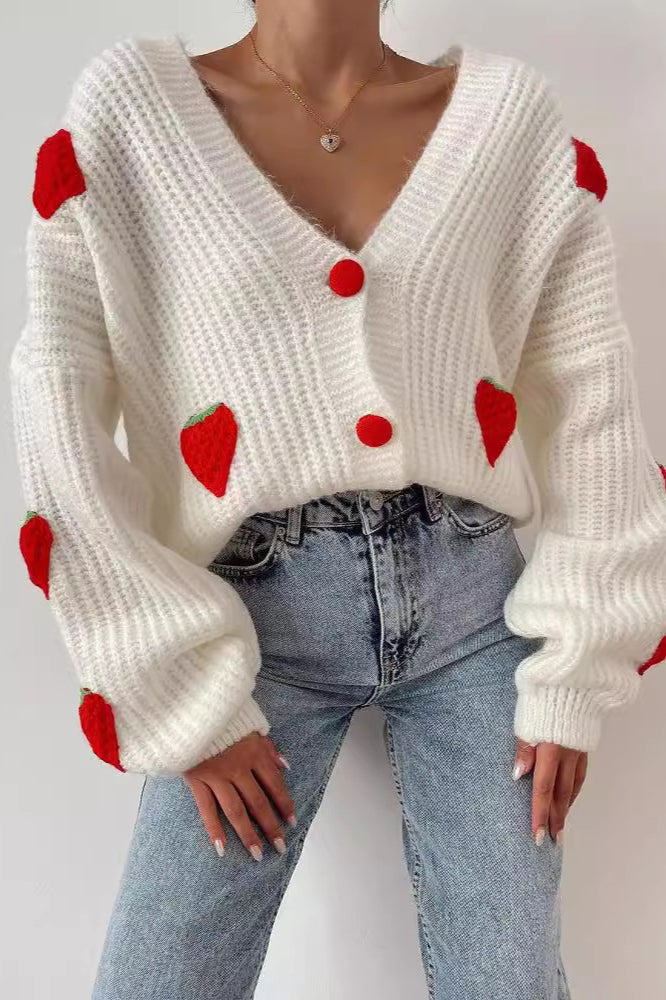 Strawberry Appliqué Chunky Knit Sweater S / White