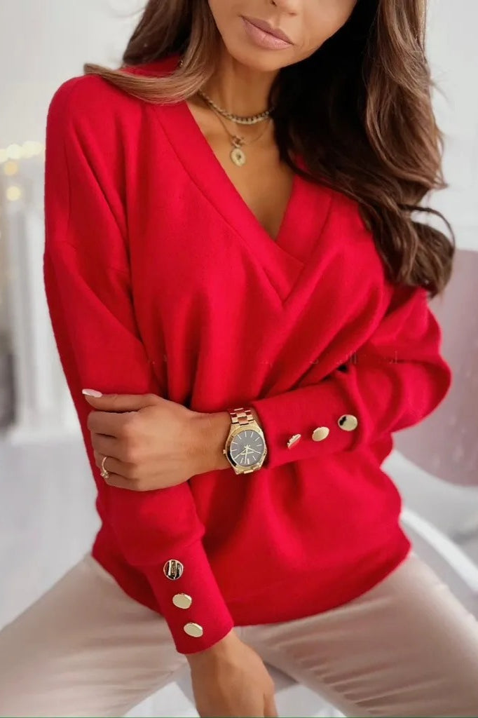 V Neck Button Knit Pullover Sweater
