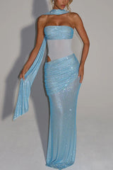 Sequin Sash Strapless Gown Dress