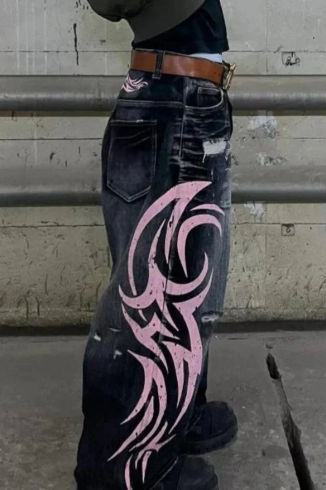 Gothic Print Wide Leg Jeans
