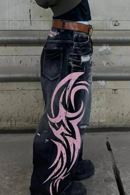 Gothic Print Wide Leg Jeans