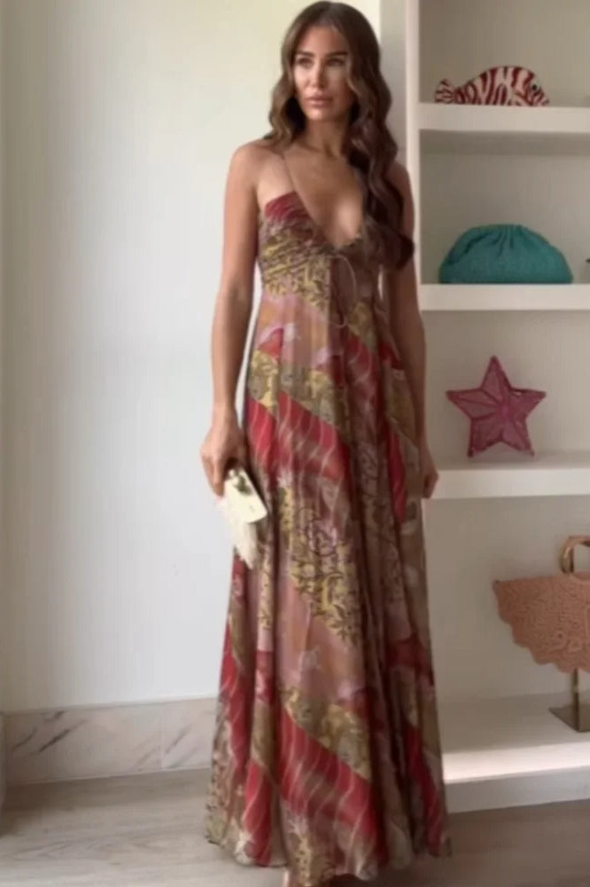 Fashion Print V Neck Maxi Dress