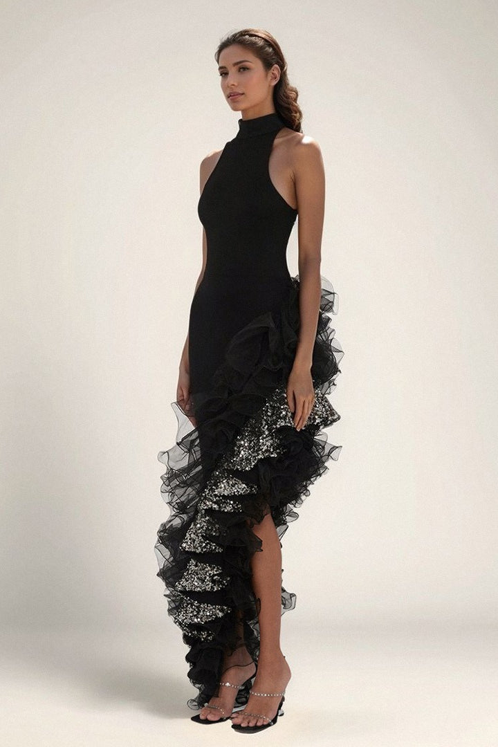 Black Ruffled Mesh Asymmetrical Party Dress
