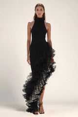 Black Ruffled Mesh Asymmetrical Party Dress S / Black