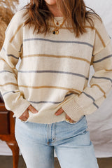 Striped Knit Button Down Cardigan Beige / S