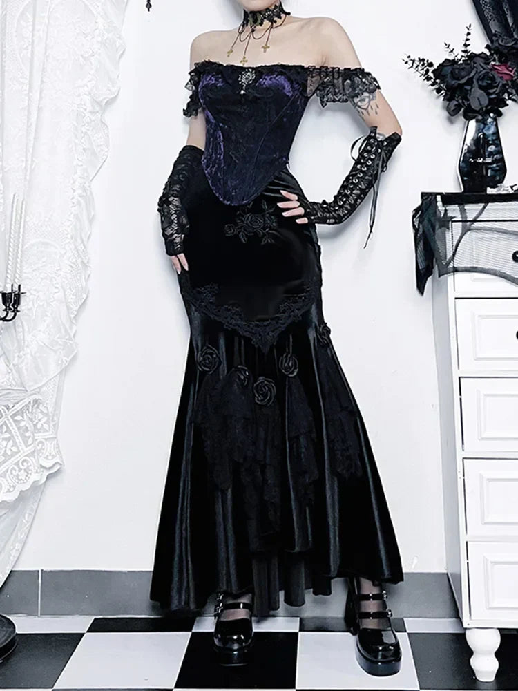 Vintage Elegant Trumpet Women Mall Goth Florals Patchwork High Waist Aesthetic Fairycore Skirt