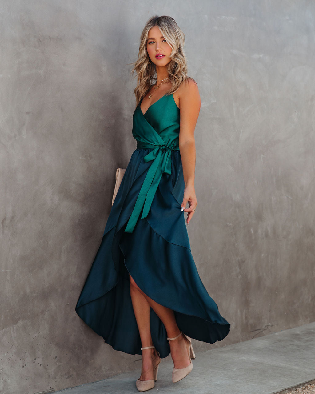 Ansley Satin Colorblock High Low Maxi Dress - Green Navy