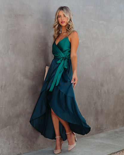 Ansley Satin Colorblock High Low Maxi Dress - Green Navy