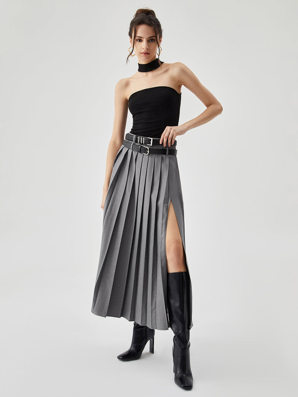 Pleated Split Maxi Trendy Skirt Without Belt Skirts