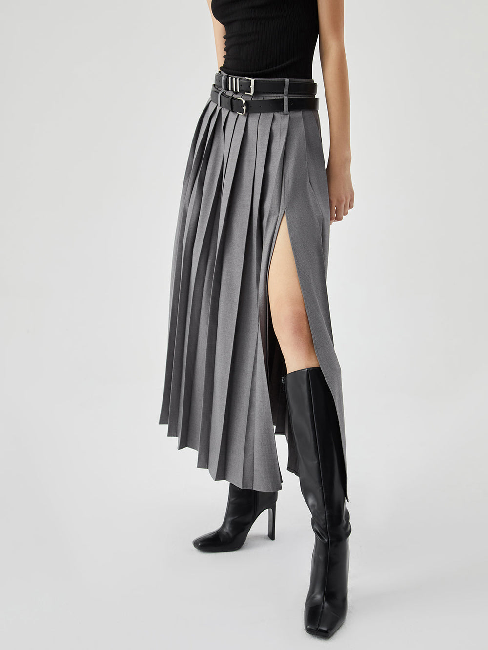 Pleated Split Maxi Trendy Skirt Without Belt Skirts
