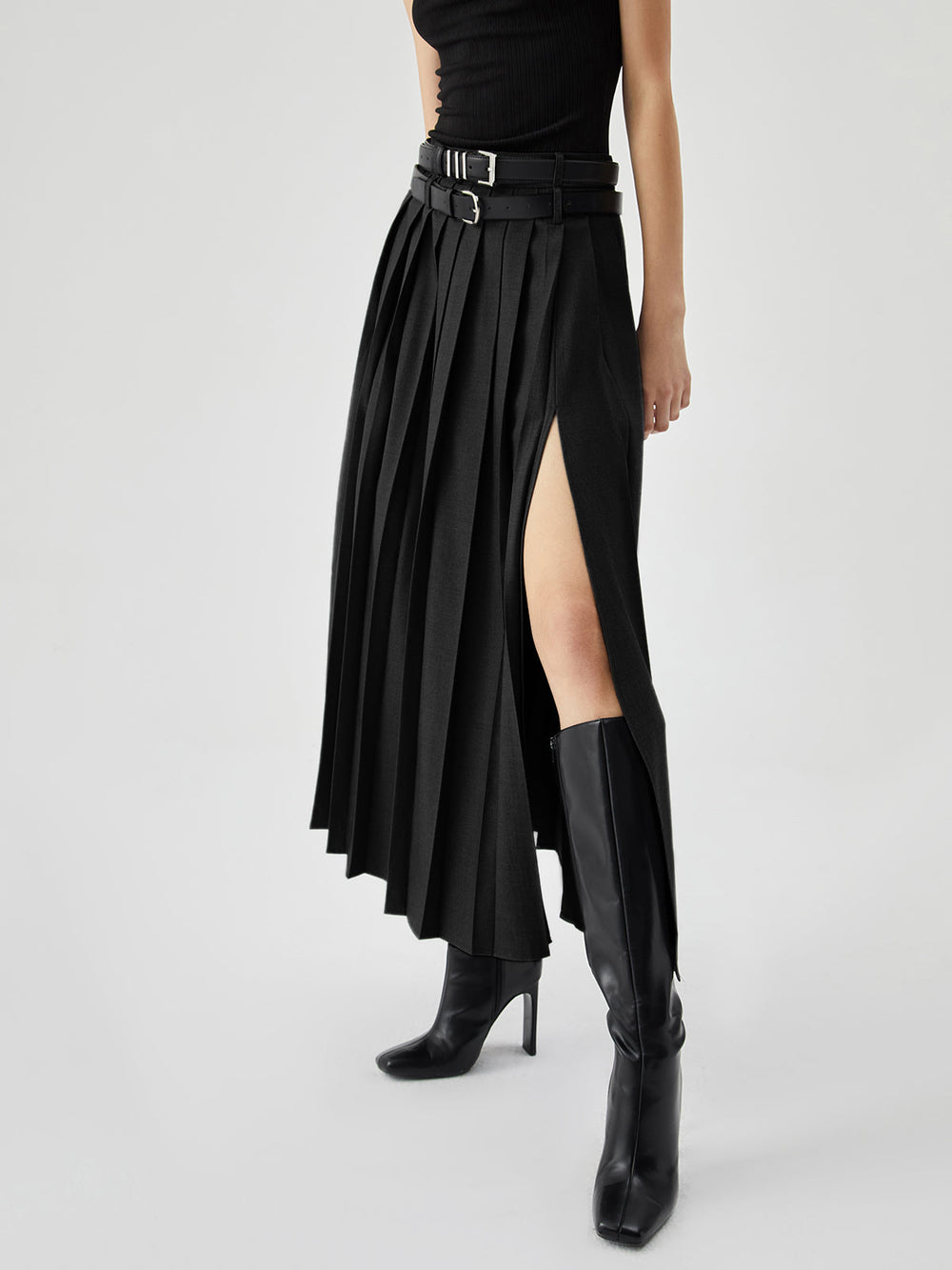 Pleated Split Maxi Trendy Skirt Without Belt Skirts