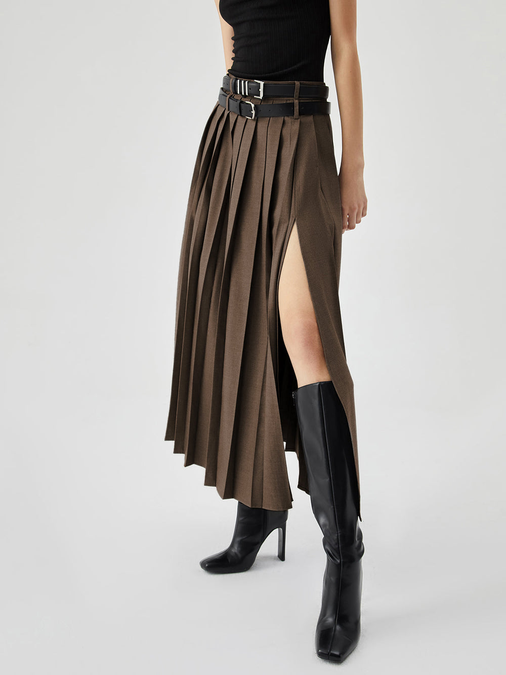 Pleated Split Maxi Trendy Skirt Without Belt Skirts