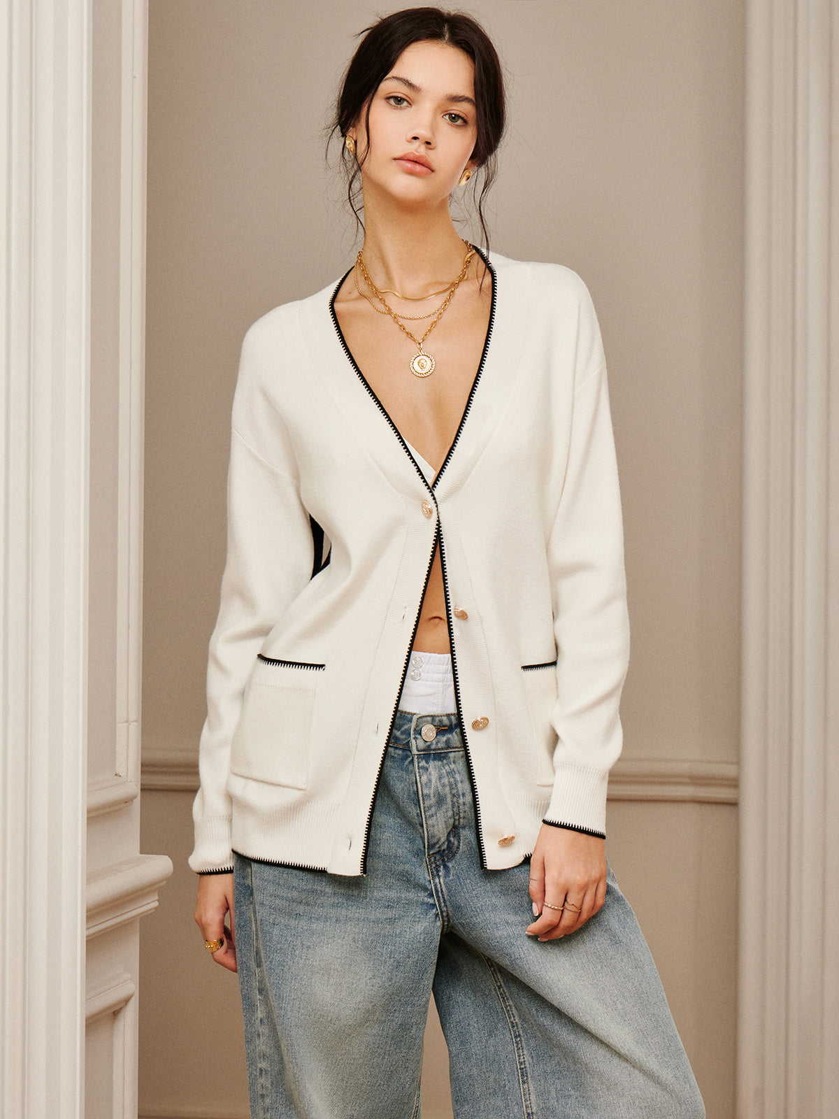 Casual Contrast Trim Knit Outerwear Knit Outerwear