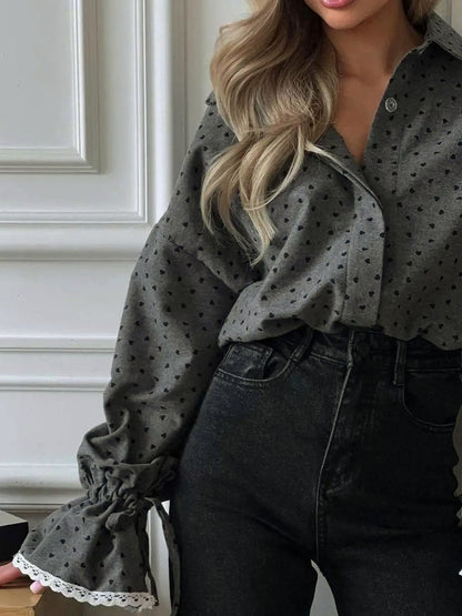 Women Heart Print Button Down Shirt Shirts