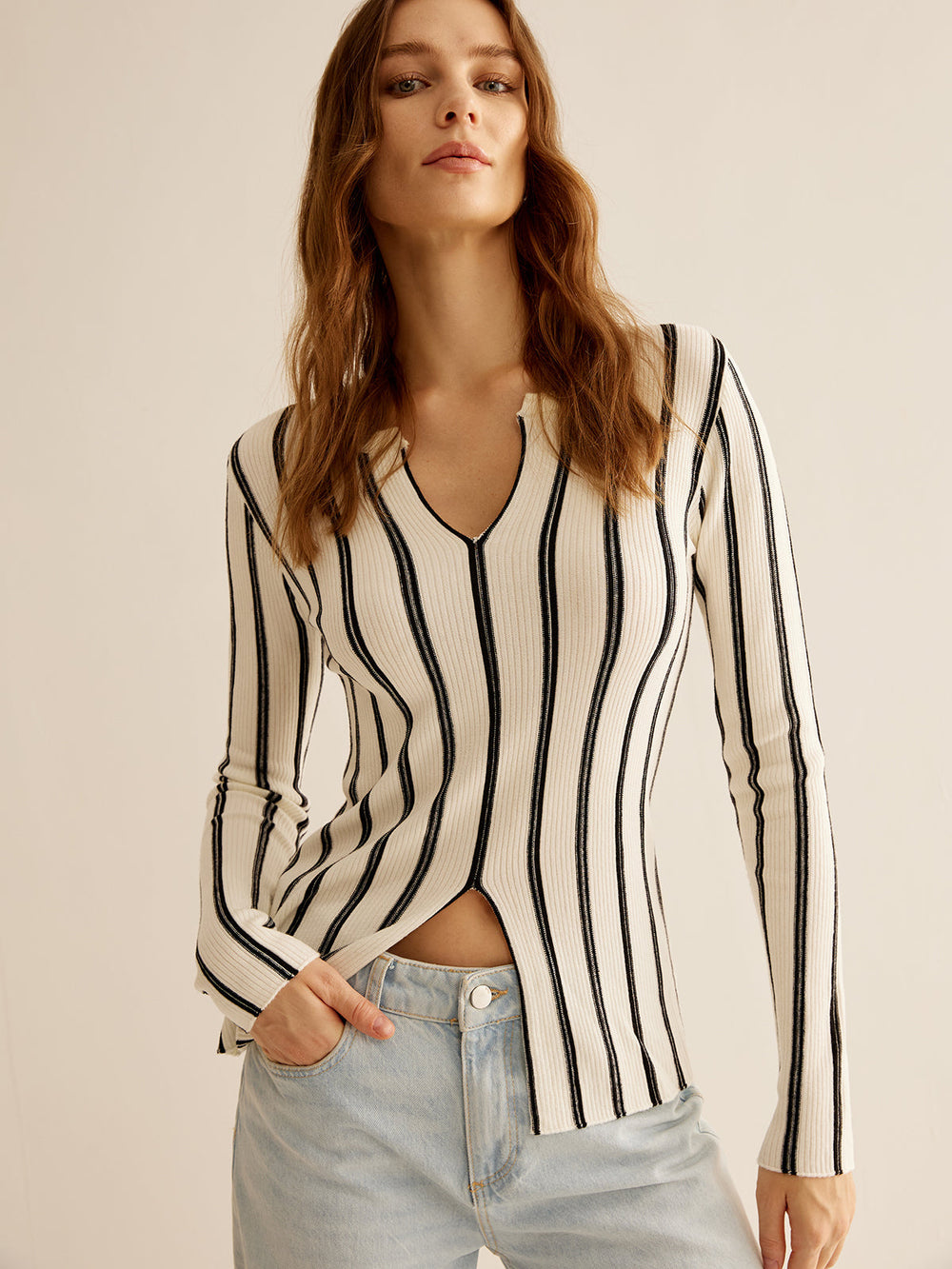 Split Pinstripe Slim Knit Top Off White / XS Knit Tops