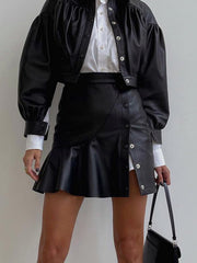Ruffle Button Clasp PU Leather Skirt Skirts