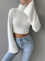 Turtleneck Fuzzy Crop Knit Top Knit Tops