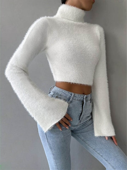 Turtleneck Fuzzy Crop Knit Top White / XS Knit Tops