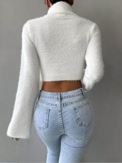 Turtleneck Fuzzy Crop Knit Top Knit Tops