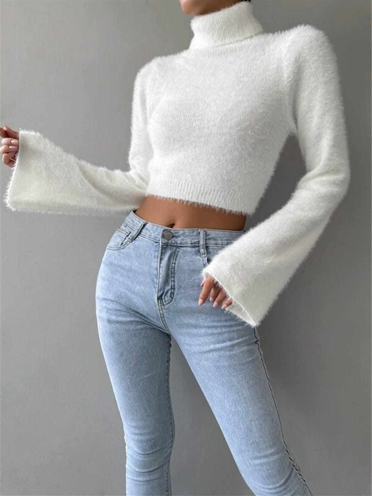 Turtleneck Fuzzy Crop Knit Top Knit Tops