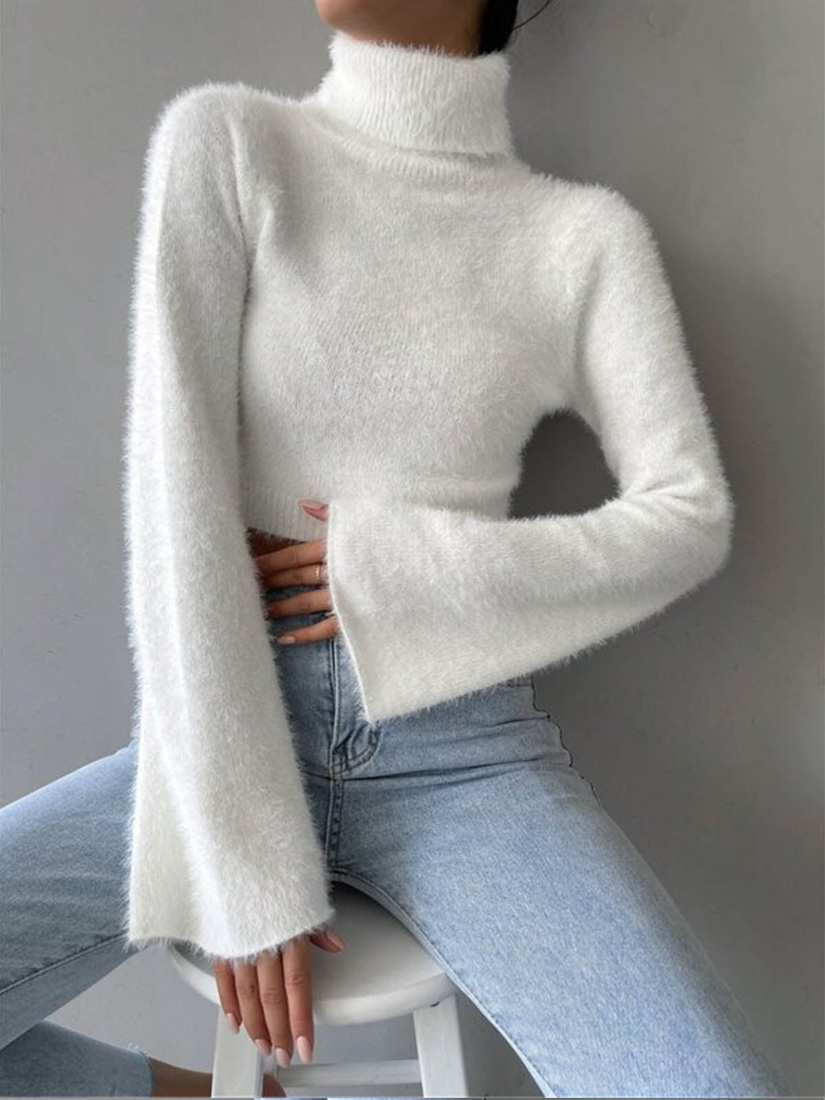 Turtleneck Fuzzy Crop Knit Top Knit Tops