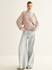 Oversized Wool Blend Turtleneck Cinched Knit Top Knit Tops