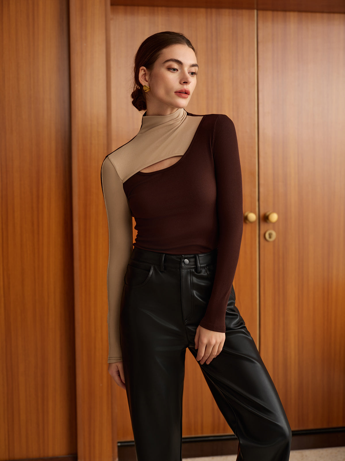 Cutout Color Block Top Khaki / XS T Shirts