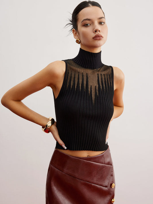 Crop Sheer Panel Sweater Vest Black / XS Sweater Vests