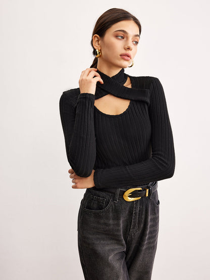 Criss Cross Neck Ribbed Top T Shirts