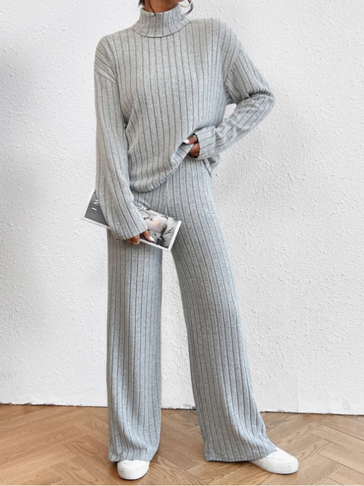 Mock Neck Ribbed Cozy Pants Set Grey / XS Pant Sets