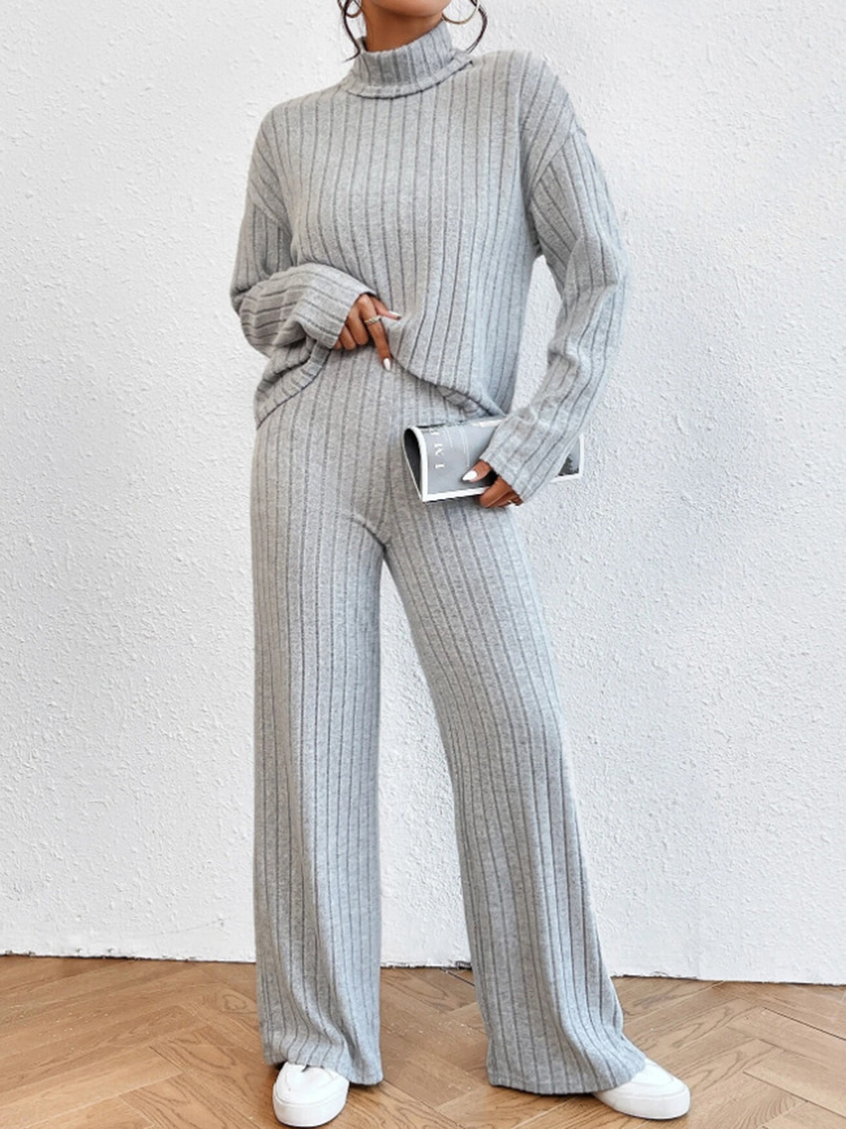 Mock Neck Ribbed Cozy Pants Set Pant Sets
