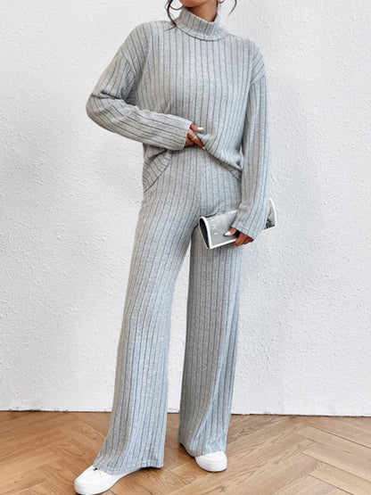 Mock Neck Ribbed Cozy Pants Set Pant Sets