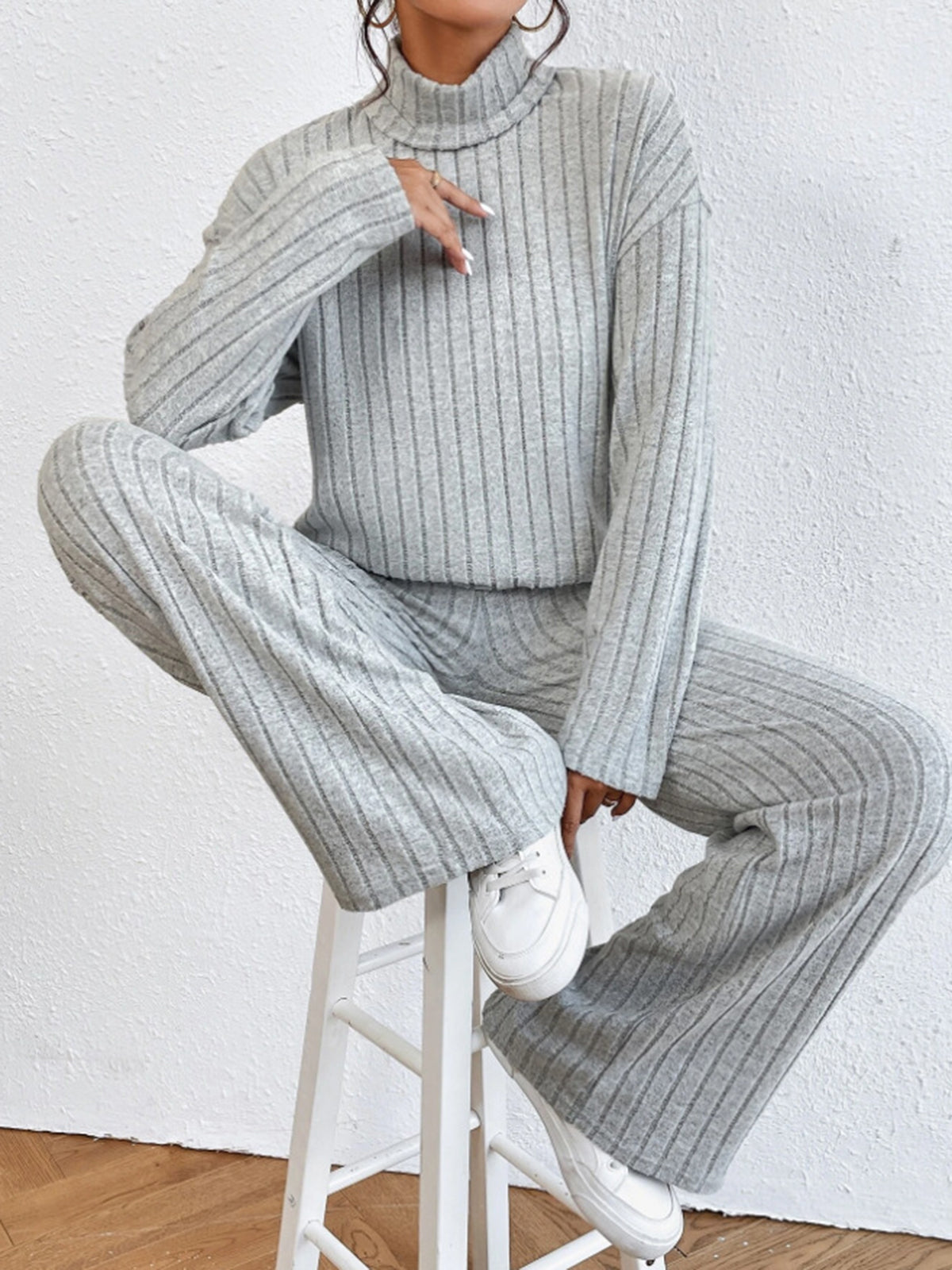 Mock Neck Ribbed Cozy Pants Set Pant Sets