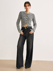 Raw Hem Button Slim Knit Top Knit Tops