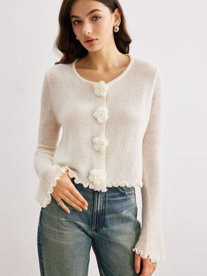Wool Blend Lettuce Trim 3D Flower Cardigan Beige / XS Cardigans