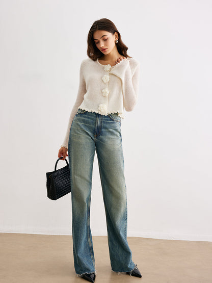 Wool Blend Lettuce Trim 3D Flower Cardigan Cardigans