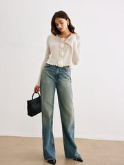 Wool Blend Lettuce Trim 3D Flower Cardigan Cardigans