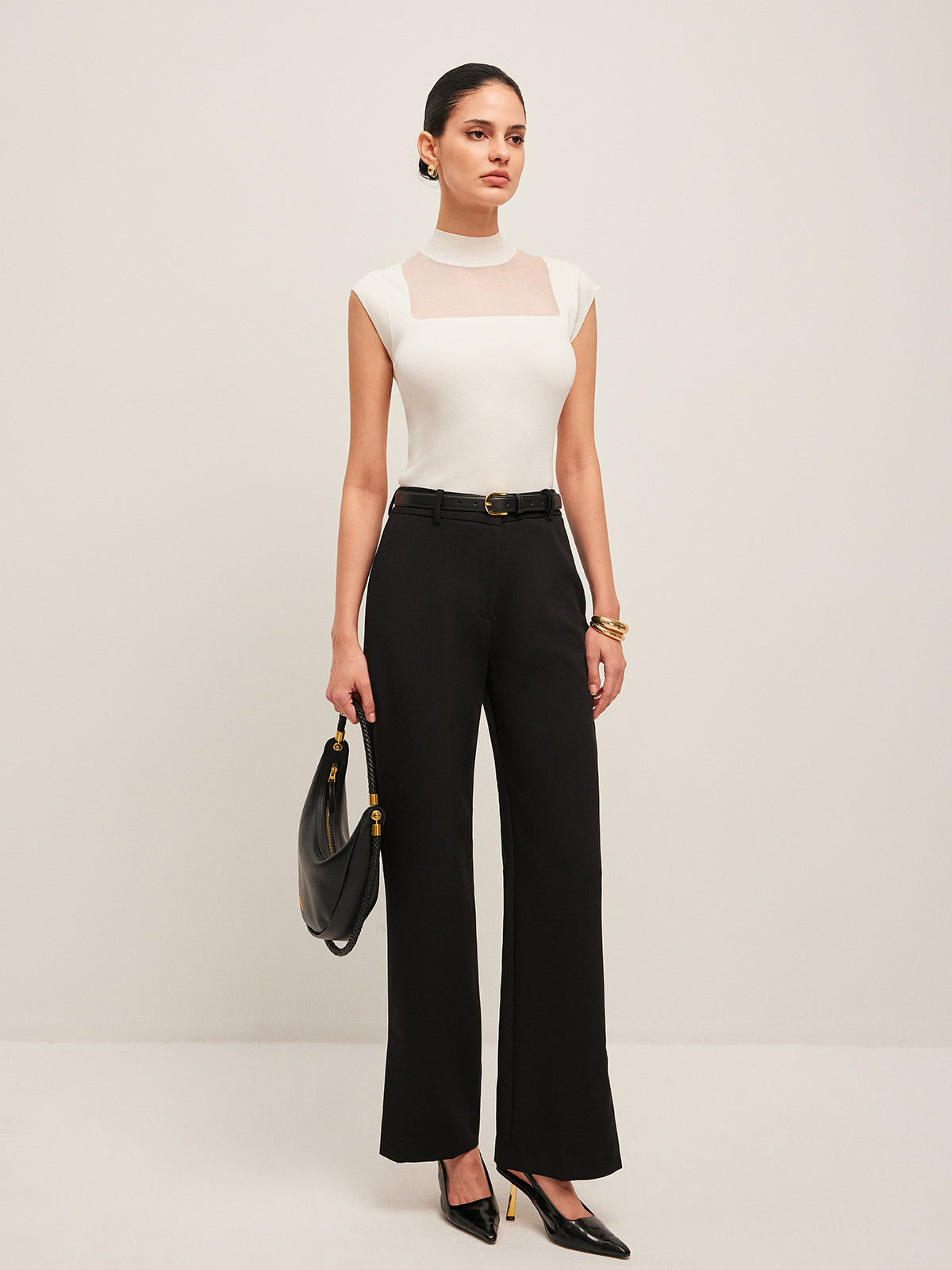 Mesh Panel Mock Neck Top Sweater Vests