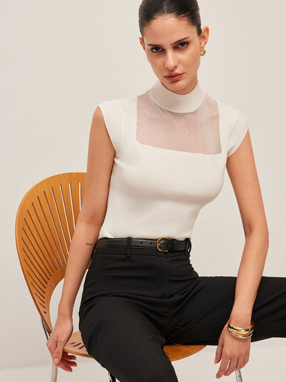 Mesh Panel Mock Neck Top Sweater Vests