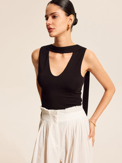 V Neck Top With Scarf Style Neck Tie Tank Tops & Camis
