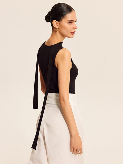 V Neck Top With Scarf Style Neck Tie Tank Tops & Camis
