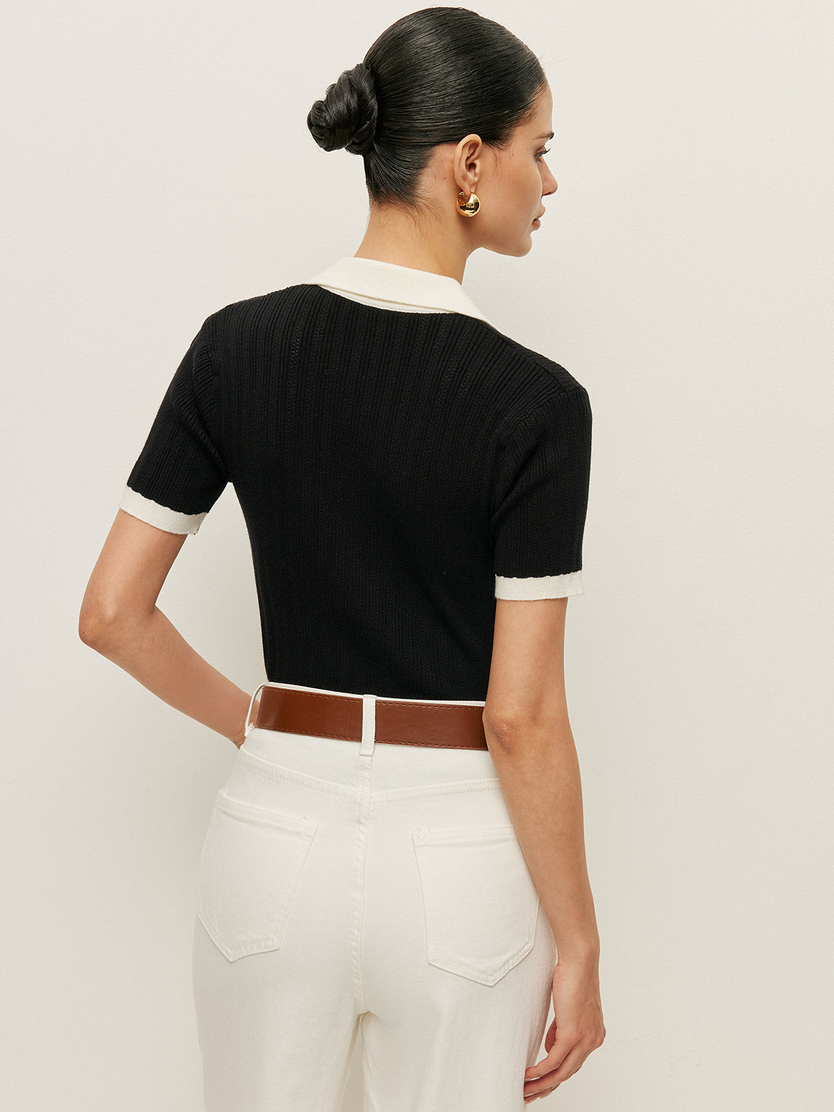 Collared Button Detail Ribbed Knit Top Knit Tops