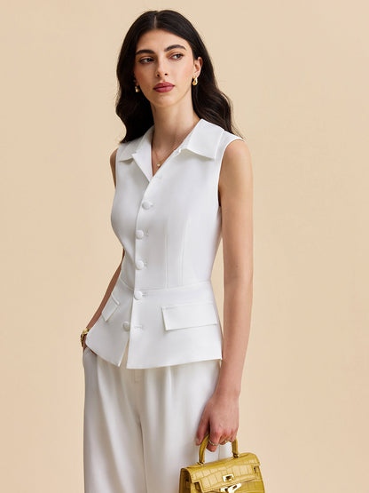 Pockets Buttoned Sleeveless Pants Set Pant Sets