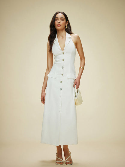 Cotton & Linen Pocket Detail Halter Neck Tie Back Dress Dresses