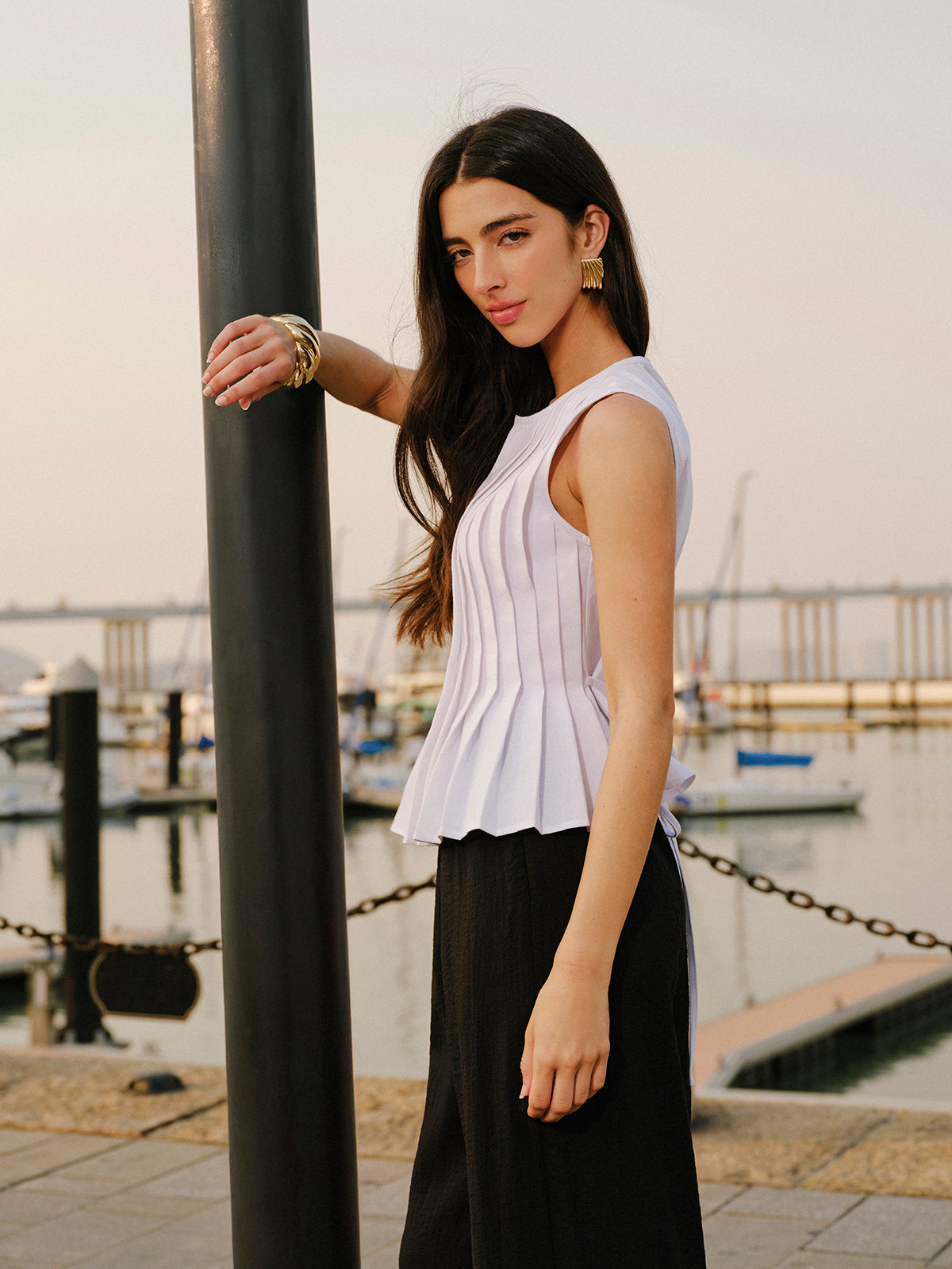 Cotton & Linen Pleated Back Tie Top Tank Tops & Camis