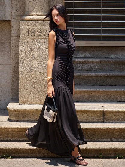 Ruffled Detail Ruched Front Maxi Dress Dresses