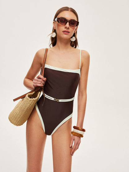 Contrast Trim Metal Detail Spaghetti Strap One Piece Swimsuit One Pieces
