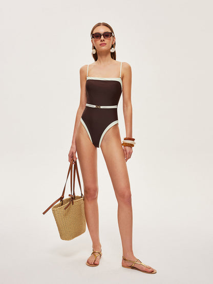Contrast Trim Metal Detail Spaghetti Strap One Piece Swimsuit One Pieces